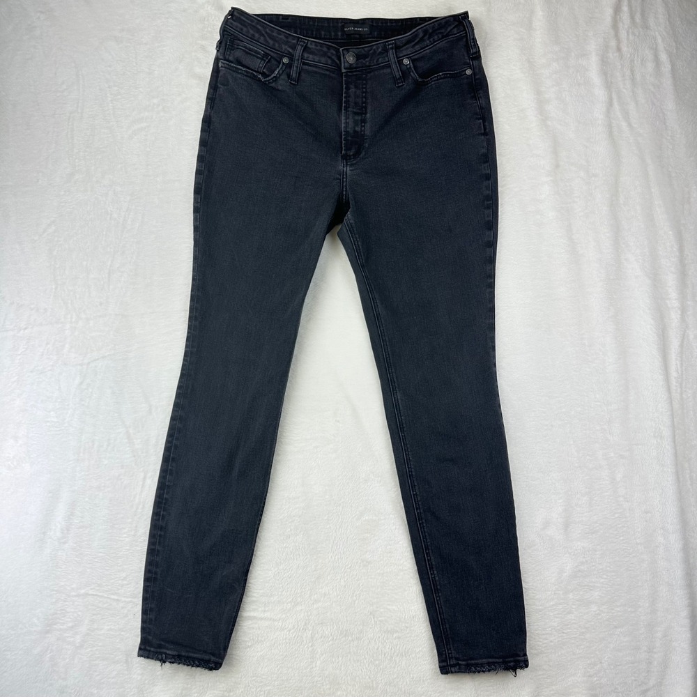 Silver Jeans Co. High Note Skinny Womens 33X31 Black‎ Denim High Rise Raw Hem
